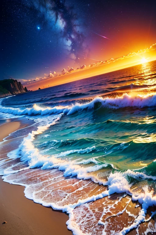 Hyper realistic 8k, ultra detailed, (Best Quality digital illustration Masterpiece of planet Earth in outer space), ((No Man)), (Beautiful planet Earth Illustration), (Beautiful Beach Shore), (Golden Sand), ((Waves in the distance)), (Bright Sun), (Hyperdetail, Dynamic Camera), (Wide Angle), (Celestial Lighting), (Vivid Colors and Saturation), (trending on artstation), ((beautiful sunset)), (aqua colored water),