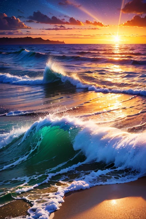 Hyper realistic 8k, ultra detailed, (Best Quality digital illustration Masterpiece of planet Earth in outer space), ((No Man)), (Beautiful planet Earth Illustration), (Beautiful Beach Shore), (Golden Sand), ((Waves in the distance)), (Bright Sun), (Hyperdetail, Dynamic Camera), (Wide Angle), (Celestial Lighting), (Vivid Colors and Saturation), (trending on artstation), ((beautiful sunset)), (aqua colored water),
