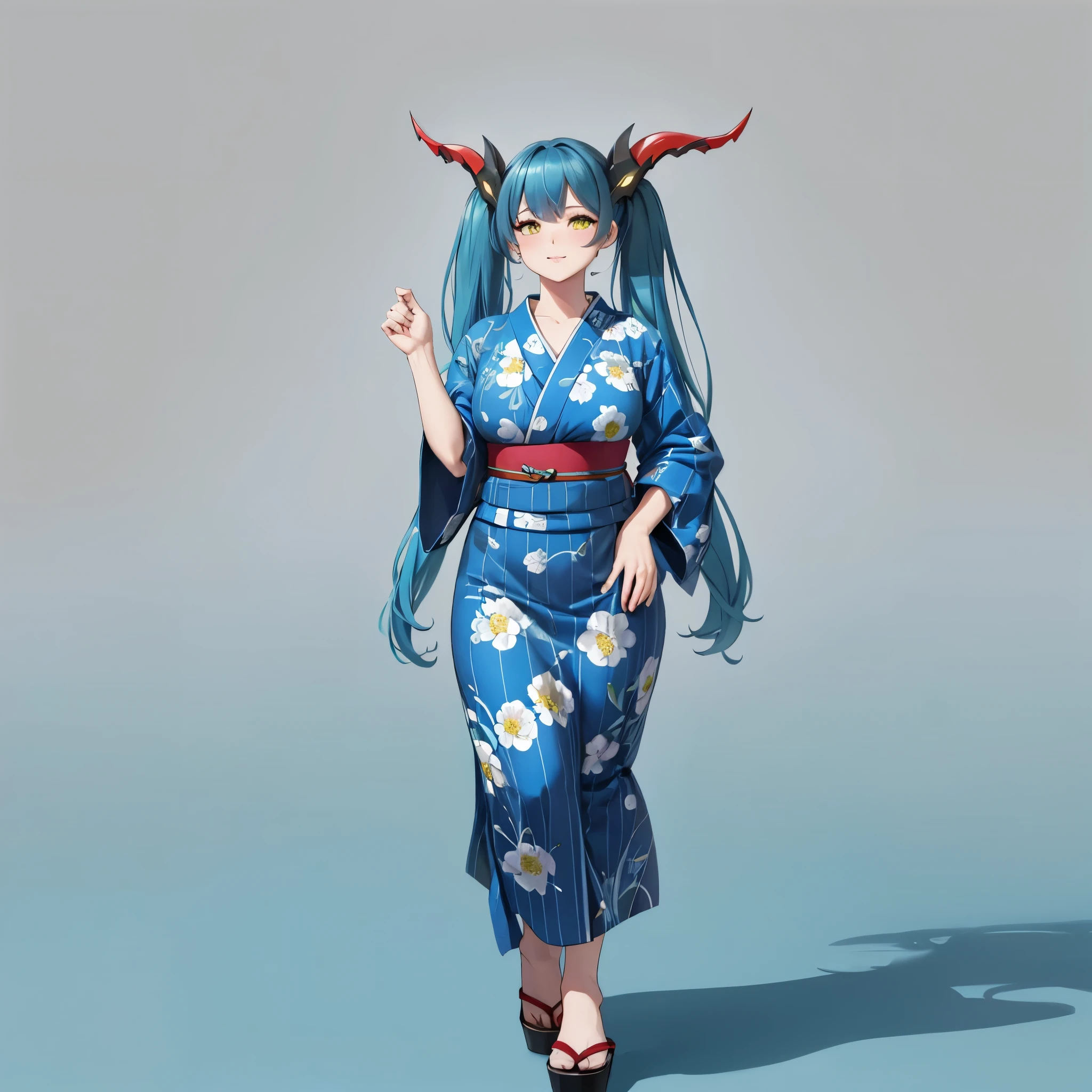 A woman wearing teal blue yukata with custom designs, long teal blue hair, pigtails, yellow eyes, red horns, walking on a platform with gray floors, background with Japanese city houses, night time, big breasts, full body.( solo woman), glow, drop shadow, flower, UHD, masterpiece, accurate, anatomically correct, textured skin, super detail, high quality, best quality, 8k, high resolution, bokeh effect.
