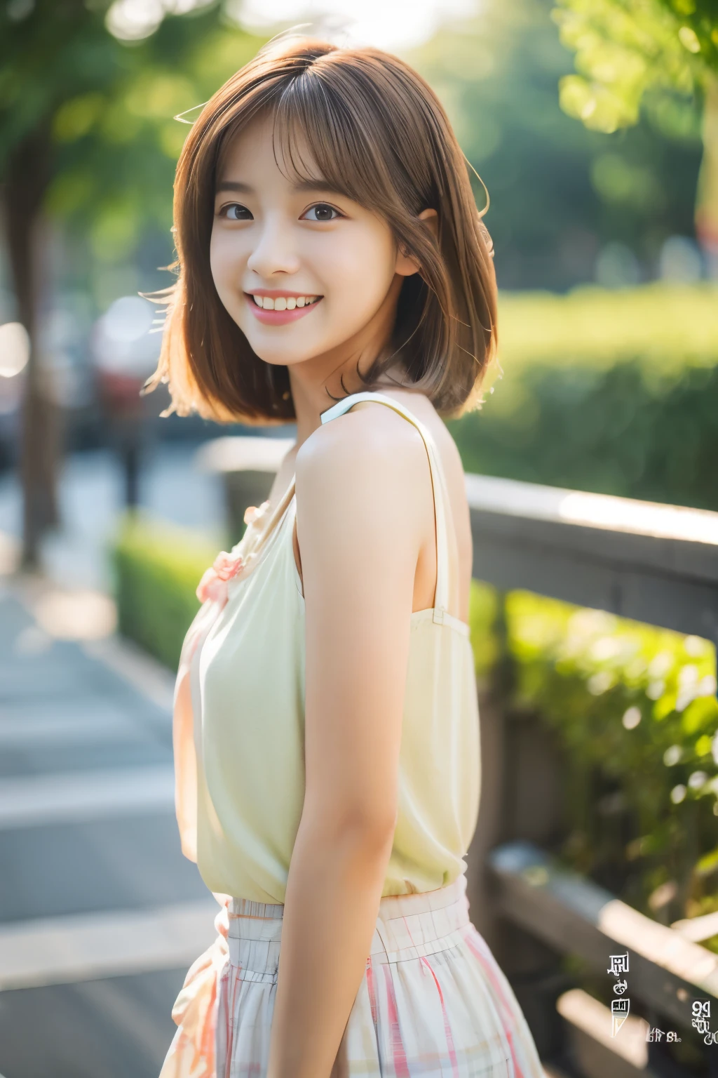 Upper body、Light brown hair、Design Hair、Live Action、masterpiece、highest quality、Official Art、For girls、Take a walk in the morning、Summer Fashion、Front facing、Laughter、Medium Bob、Hair Sweep、23 years old、Model pose