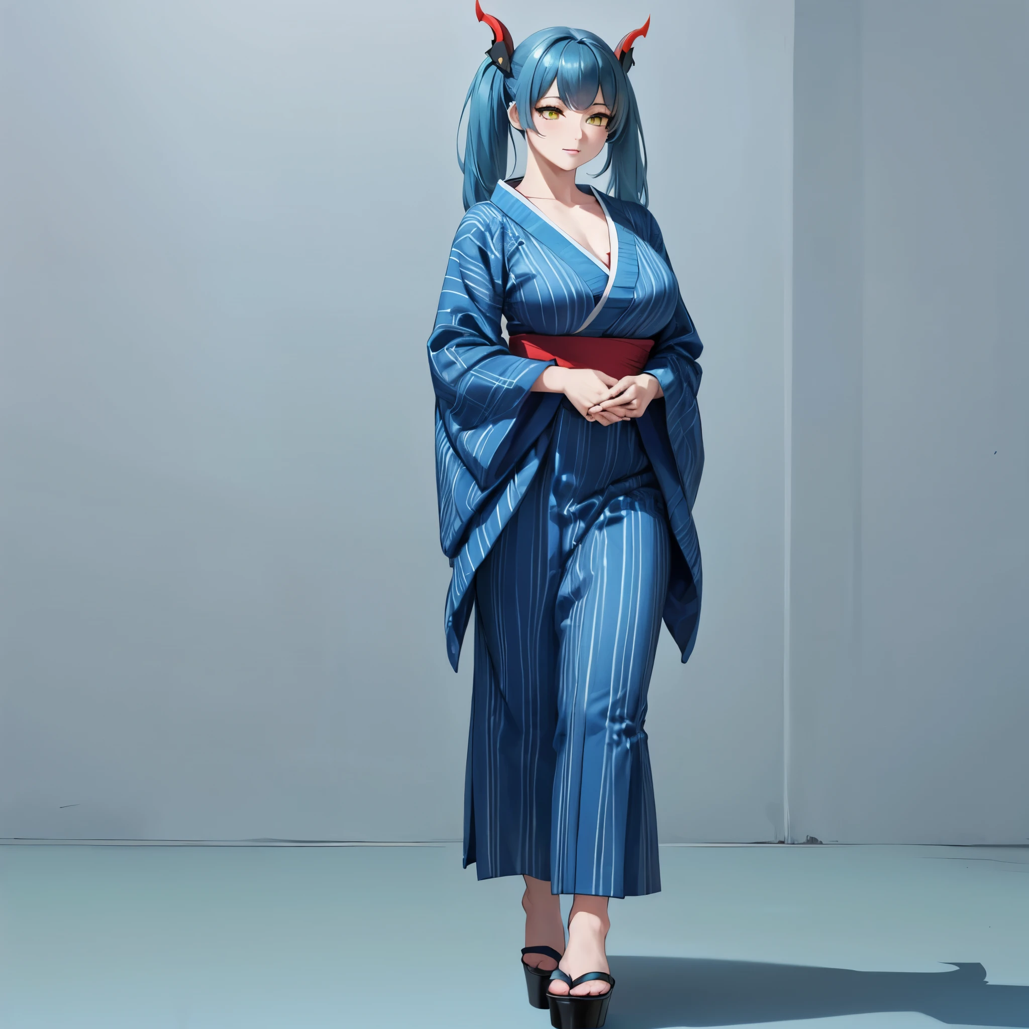 A woman wearing teal blue yukata with custom designs, long teal blue hair, pigtails, yellow eyes, red horns, walking on a platform with gray floors, background with Japanese city houses, night time, big breasts, full body.( solo woman), glow, drop shadow, flower, UHD, masterpiece, accurate, anatomically correct, textured skin, super detail, high quality, best quality, 8k, high resolution, bokeh effect.