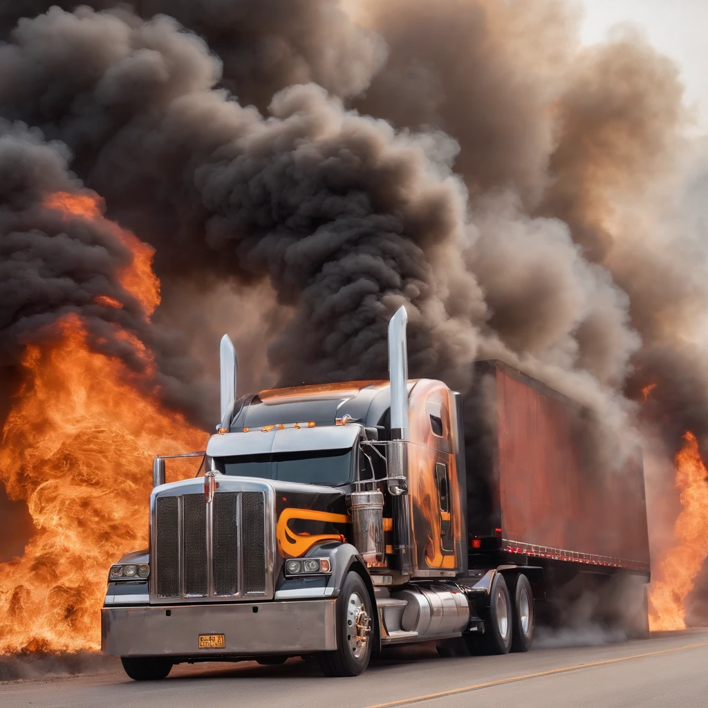 An 18 Wheeler big truck, completely customized, driving through a wall of flames and smoke an awesome sight completely.