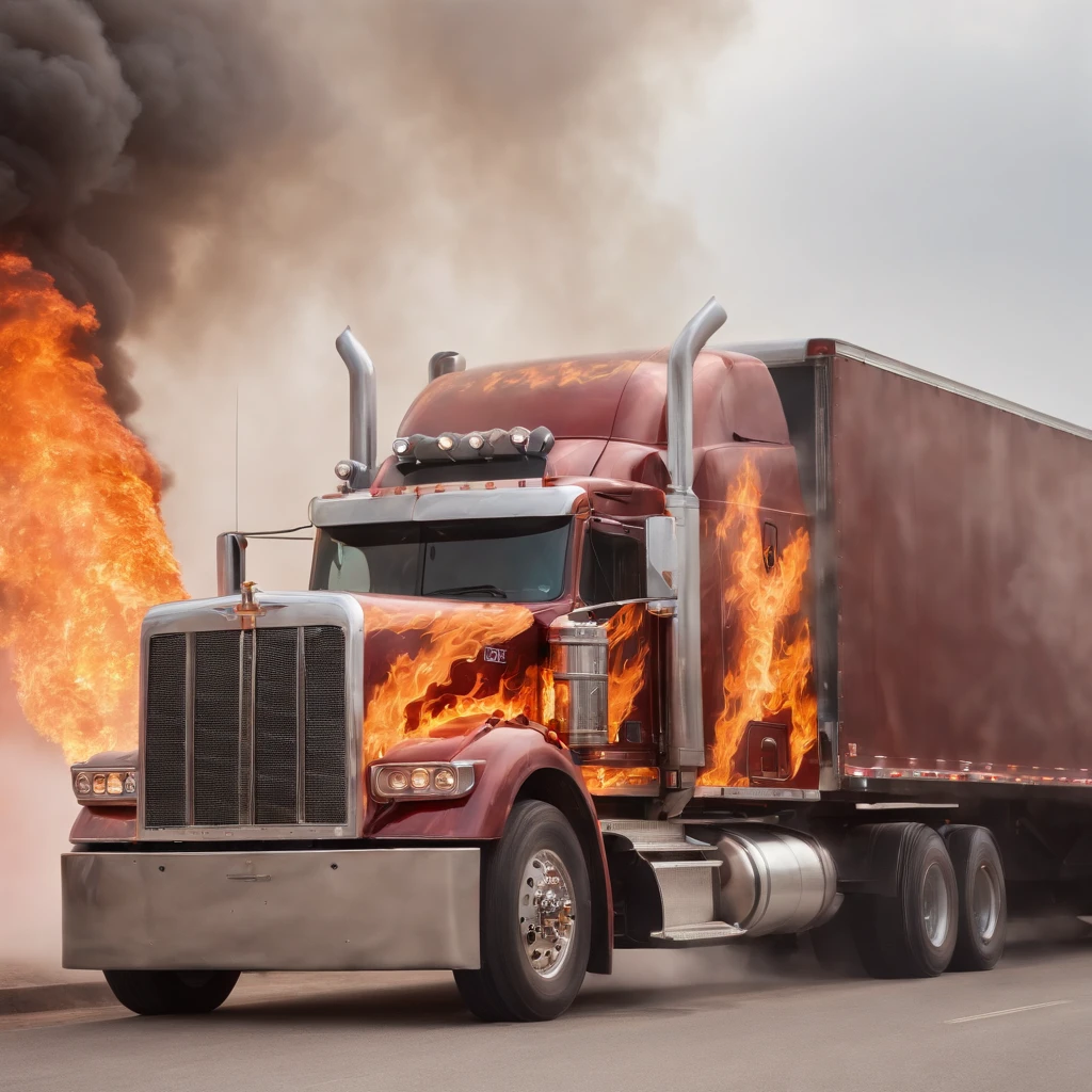 An 18 Wheeler big truck, completely customized, driving through a wall of flames and smoke an awesome sight completely.