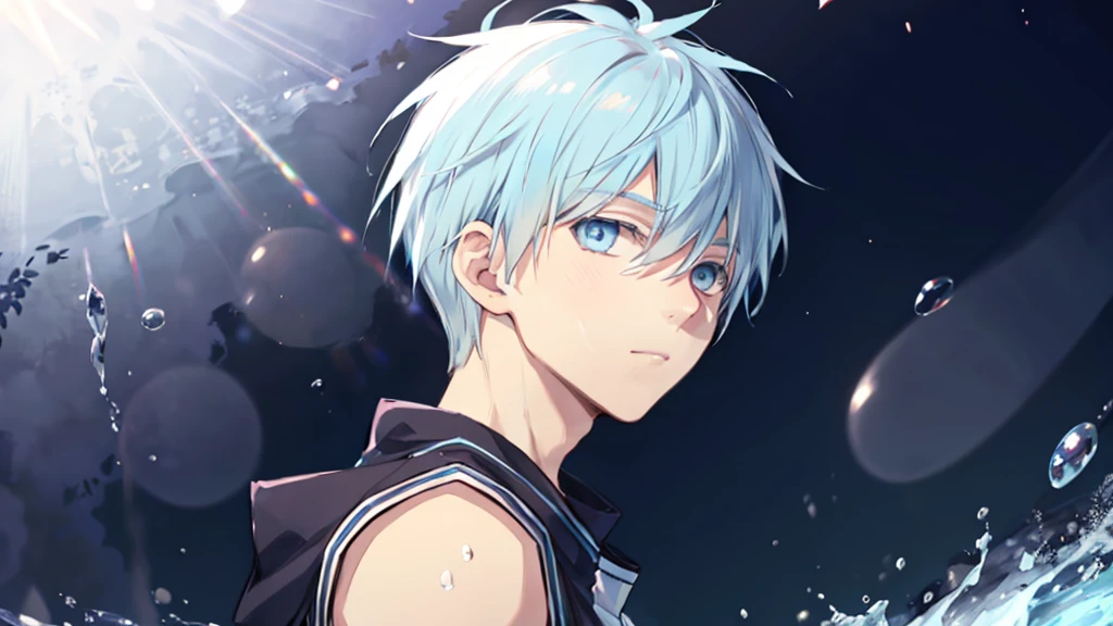 ((highest quality, super detailed,detailed eyes:1.3)),(((total 1 boy:1.2))),cool face,light blue hair,short,hair,light blue eyes,kuroko tetsuya,(basketball uniform:1.2),BREAK(aqua blue aura background:1.1)BREAK,(from side,portrait,face focus:1.1),(boy on right:1.5),(looking at viewer:1.4)