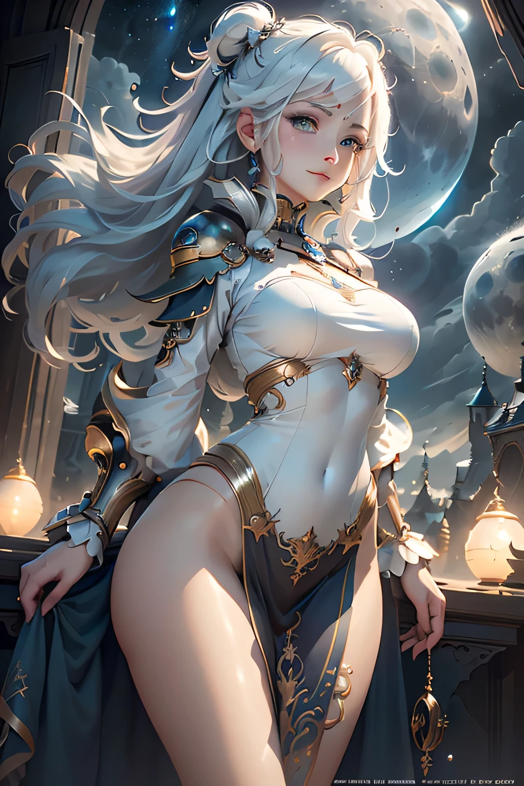 (masterpiece, best quality, dutch angle)(1girl, solo)(medium breasts, white hair, aqua eyes)(smile,standing, floating hair, from behind)(universe、Milky Way、The moon looks close)
