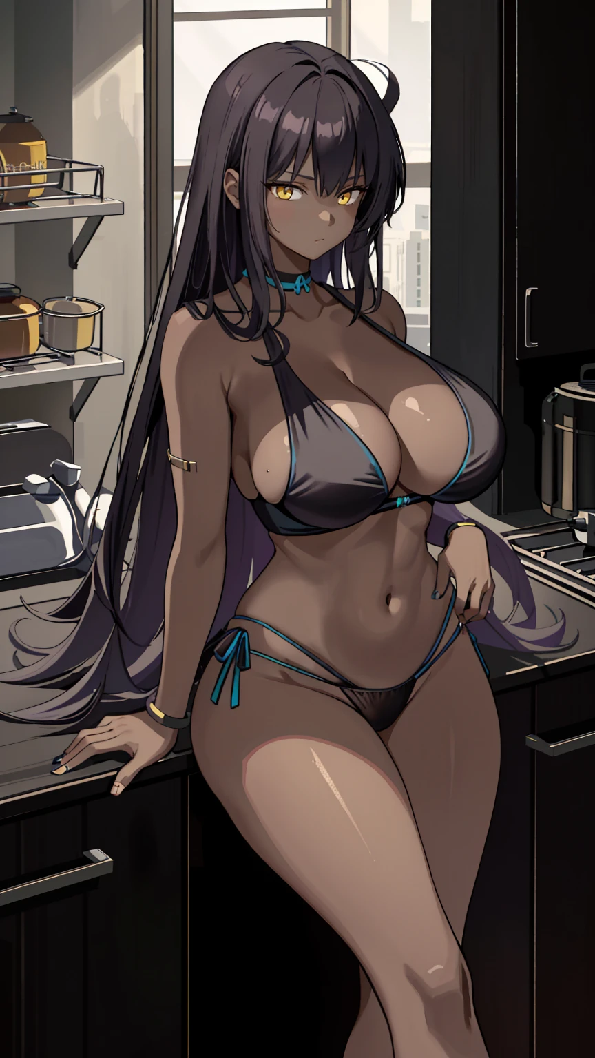 masterpiece, best quality, high resolution, 1 female, cooking , dark skin , Black Hair , Yellow eyes , Black vest , underwear , abdomen , Large Breasts, (((Large Breasts、Low-cut，Cleavage, Wide hips,)))Long legs , barefoot , Stand on your hips , roadside , City