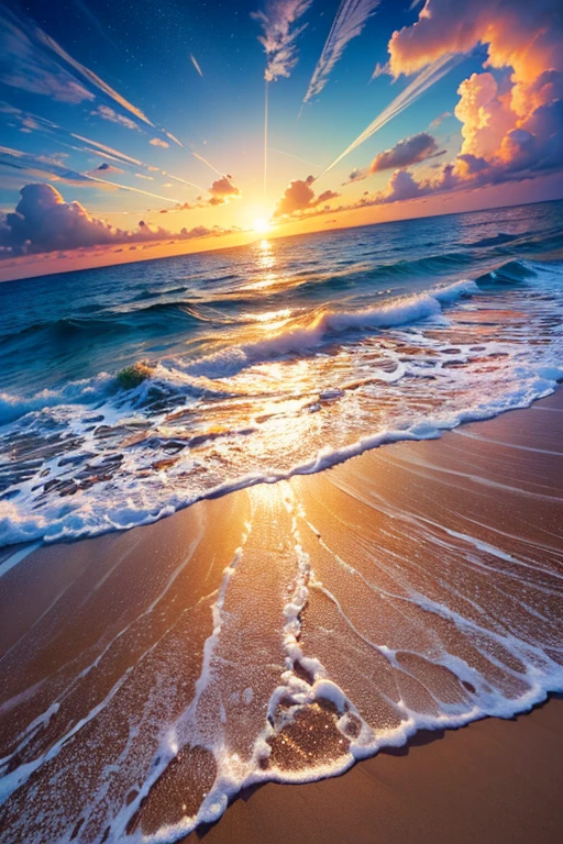 Hyper realistic 8k, ultra detailed, (Best Quality digital illustration Masterpiece of planet Earth in outer space), ((No Man)), (Beautiful planet Earth Illustration), (Beautiful Beach Shore), (Golden Sand), ((Waves in the distance)), (Bright Sun), (Hyperdetail, Dynamic Camera), (Wide Angle), (Celestial Lighting), (Vivid Colors and Saturation), (trending on artstation), ((beautiful sunrise)), (aqua colored water),