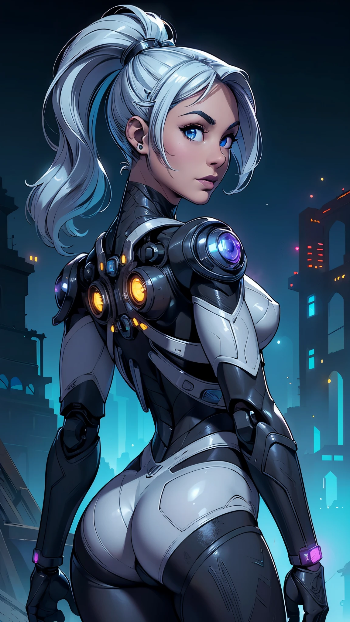 (rear view, backside view),(La mejor calidad,A high resolution,Ultra - detallado,actual),Ariana Grande , retrato, (Superchica zombi de DC:1.4 ) , (biomech yellow :1.4 ) , robot complejo, crecimiento completo, Hyper realistic, crazy little details, extremely clean lines, (ciberpunk aesthetic) , obra maestra presentada en Zbrush Central, brutalist gothic cathedral, ciberpunk, foto premiada, bokeh, neon lights, cyber member, (pose vaquero) ,More detailed 8K.motor irreal:1.4,UHD,La mejor calidad:1.4, fotorrealista:1.4, textura de la piel:1.4, obra maestra:1.8,obra-prima, mejor calidad,objeto Objeto], (detailed face features:1.3), (chemical laboratory ruins background:1.4 ), (ciberpunk 2.1), (convexo dedos detallados), (Perfect anatomy), (hermosos ojos detailed :1.4 ),( lingerie yellow),( manos detailed :1.4), (face detailed :1.4), (colores brillantes), (Detalles de la cara: 1.5, ojos azules brillantes, hermoso rostro, ojos bonitos, Contorno del iris, labios delgados: 1.5, Thin, sharp pale eyebrows, Long, dark eyelashes, double tabs),(culo perfecto),( face detailed :1.4), (cyborg plastic mechanical transparent:1.4), (no mutaciones), (perfect anatomy), ,(Fondo de ruinas de mazmorra en ruinas:1.4 ), ,( humanoid cyborg transparent white plastic mechanics :1.4), (Ariana Grande :1.4), (Ariana Grande V2.1), cinematographic, (cyborg mirai white transparent :1.4) ,
