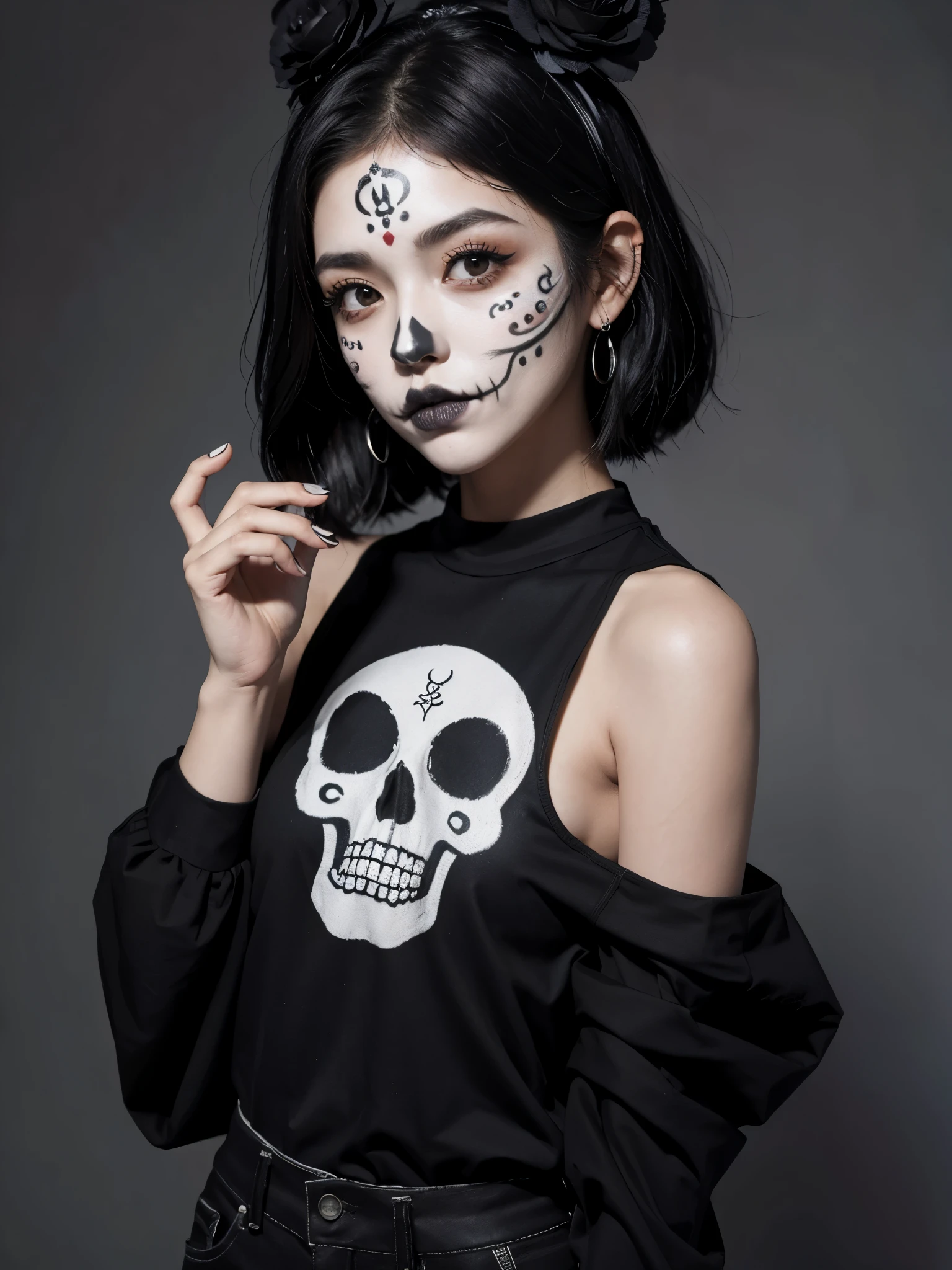 (full body head to toe, with more attractive pose) face painting de los muertos mexican skull on her face, long oversize plain black tshirt, black shortpants & white snickers.