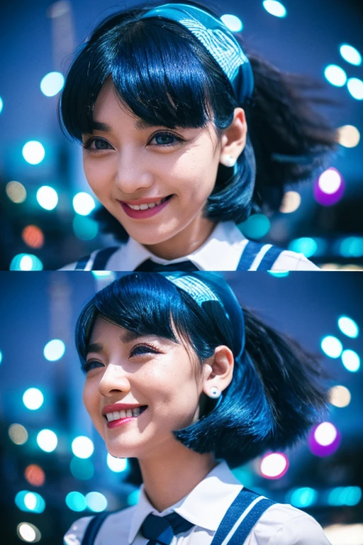 black hair, hair bobbles, longeyelashes, light smile, light blue hair, earrings, mole under eye, pointy ears, Surrealism, drop shadow, anaglyph, stereogram, pov, atmospheric perspective, 8k, super detail, ccurate, best quality