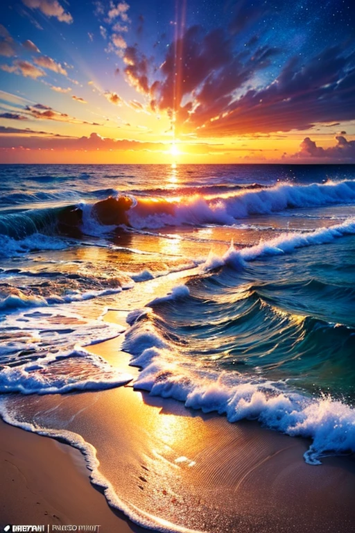 Hyper realistic 8k, ultra detailed, (Best Quality digital illustration Masterpiece of planet Earth in outer space), ((No Man)), (Beautiful planet Earth Illustration), (Beautiful Beach Shore), (Golden Sand), ((Waves in the distance)), (Bright Sun), (Hyperdetail, Dynamic Camera), (Wide Angle), (Celestial Lighting), (Vivid Colors and Saturation), (trending on artstation), ((beautiful sunrise)), (aqua colored water),
