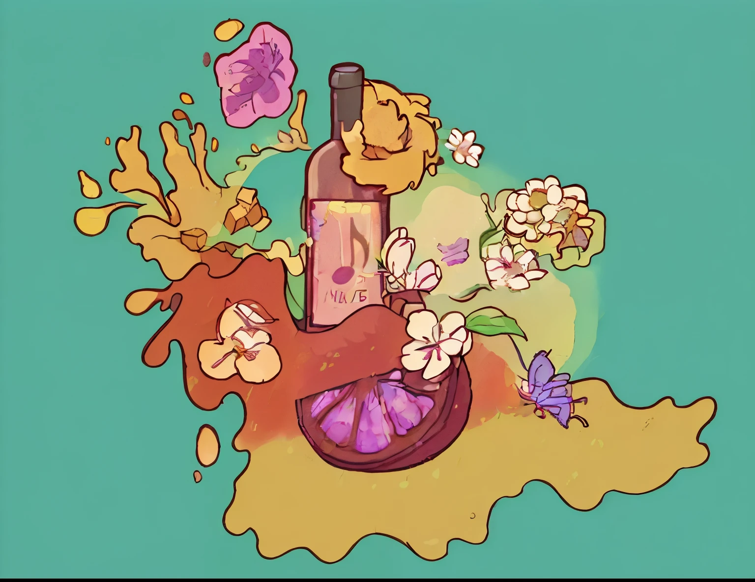 The fruity wine flows out of the bottle,The scent of flowers attracts butterflies