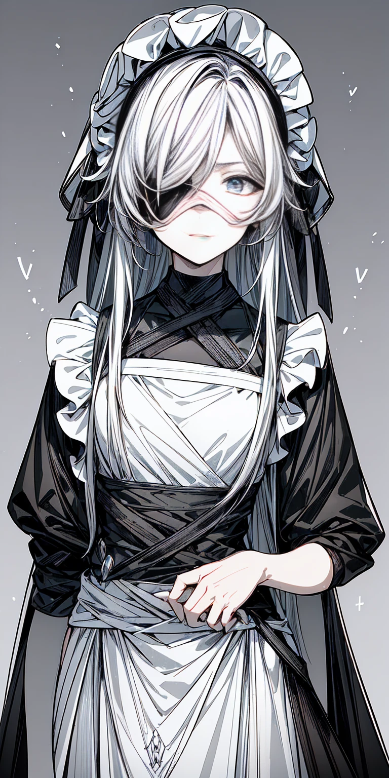 (flat color background, simple background) 1sologirl ((masterpiece, sidelighting, beautiful eyes:1.2)) ultra-detailed, ultra high res, professional lighting, hand on hip, handkerchief, toph (blind:1.5) Samurai cybor maid