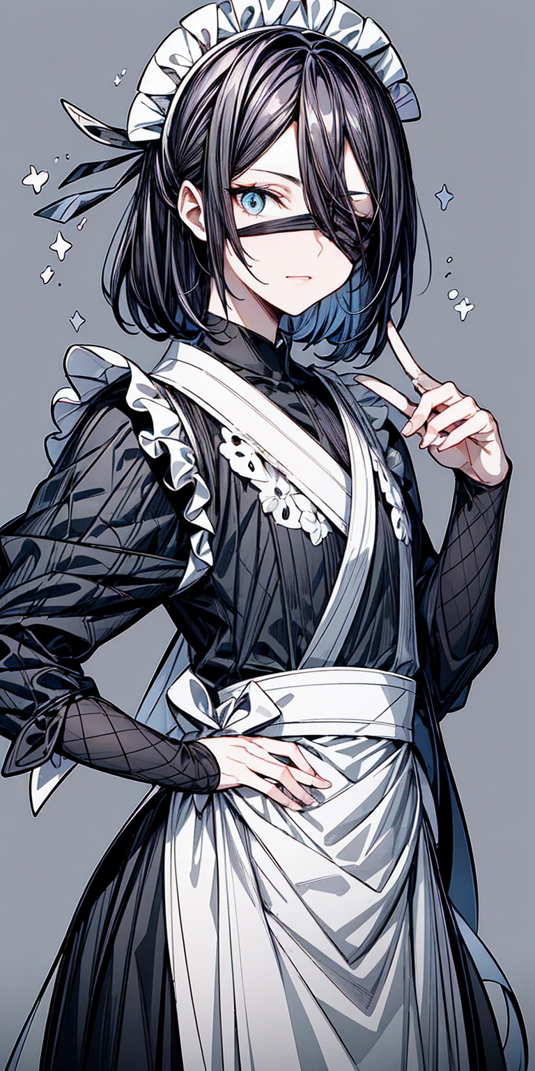 (flat color background, simple background) 1sologirl ((masterpiece, sidelighting, beautiful eyes:1.2)) ultra-detailed, ultra high res, professional lighting, hand on hip, handkerchief, toph (blind:1.5) Samurai cybor maid