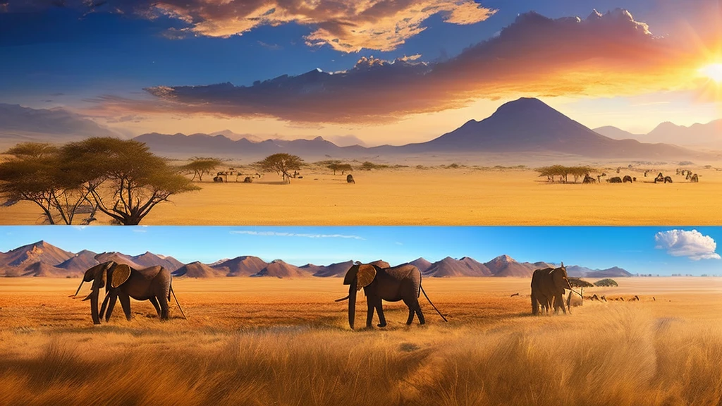 (best quality,4k,8k,highres,masterpiece:1.2),ultra-detailed,(realistic,photorealistic,photo-realistic:1.37),portraits,landscape,animals,grassland,african safari,wildlife photography,a watering hole,zebras,giraffes,lions,elephants,savannah,serene natural environment,blazing sun,safari truck,hidden predators,peaceful atmosphere,distant mountains,rich color palette,dramatic lighting,warm golden hues,gentle breeze,thatched roof hut,vivid blue sky,scattered clouds,endless horizon,serenity and beauty of nature