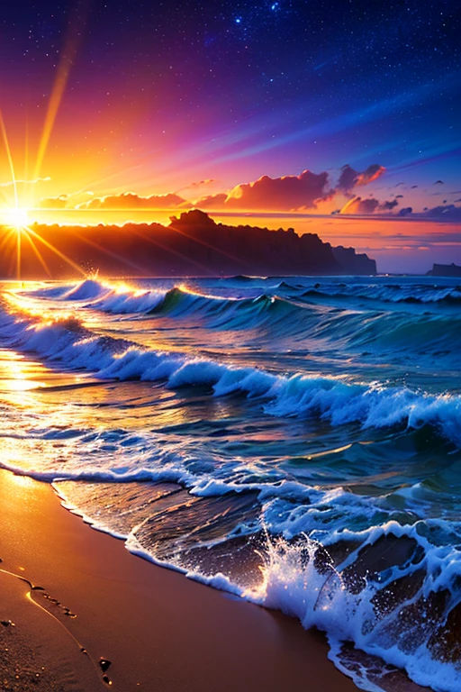 Hyper realistic 8k, ultra detailed, (Best Quality digital illustration Masterpiece of planet Earth in outer space), ((No Man)), (Beautiful planet Earth Illustration), (Beautiful Beach Shore), (Golden Sand), ((Waves in the distance)), (Bright Sun), (Hyperdetail, Dynamic Camera), (Wide Angle), (Celestial Lighting), (Vivid Colors and Saturation), (trending on artstation), ((beautiful sunset)), (aqua colored water),
