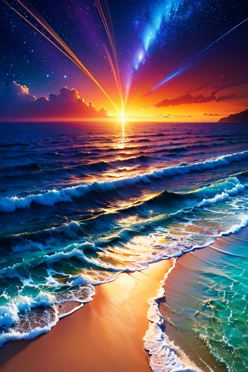 Hyper realistic 8k, ultra detailed, (Best Quality digital illustration Masterpiece of planet Earth in outer space), ((No Man)), (Beautiful planet Earth Illustration), (Beautiful Beach Shore), (Golden Sand), ((Waves in the distance)), (Bright Sun), (Hyperdetail, Dynamic Camera), (Wide Angle), (Celestial Lighting), (Vivid Colors and Saturation), (trending on artstation), ((beautiful sunset)), (aqua colored water),
