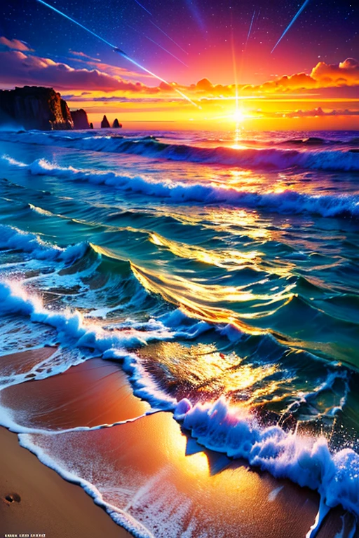 Hyper realistic 8k, ultra detailed, (Best Quality digital illustration Masterpiece of planet Earth in outer space), ((No Man)), (Beautiful planet Earth Illustration), (Beautiful Beach Shore), (Golden Sand), ((Waves in the distance)), (Bright Sun), (Hyperdetail, Dynamic Camera), (Wide Angle), (Celestial Lighting), (Vivid Colors and Saturation), (trending on artstation), ((beautiful sunset)), (aqua colored water),