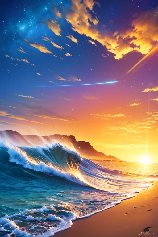 Hyper realistic 8k, ultra detailed, (Best Quality digital illustration Masterpiece of planet Earth in outer space), ((No Man)), (Beautiful planet Earth Illustration), (Beautiful Beach Shore), (Golden Sand), ((Waves in the distance)), (Bright Sun), (Hyperdetail, Dynamic Camera), (Wide Angle), (Celestial Lighting), (Vivid Colors and Saturation), (trending on artstation), ((beautiful sunrise)), (aqua colored water),