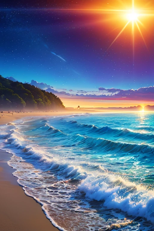 Hyper realistic 8k, ultra detailed, (Best Quality digital illustration Masterpiece of planet Earth in outer space), ((No Man)), (Beautiful planet Earth Illustration), (Beautiful Beach Shore), (Golden Sand), ((Waves in the distance)), (Bright Sun), (Hyperdetail, Dynamic Camera), (Wide Angle), (Celestial Lighting), (Vivid Colors and Saturation), (trending on artstation), ((beautiful sunrise)), (aqua colored water),
