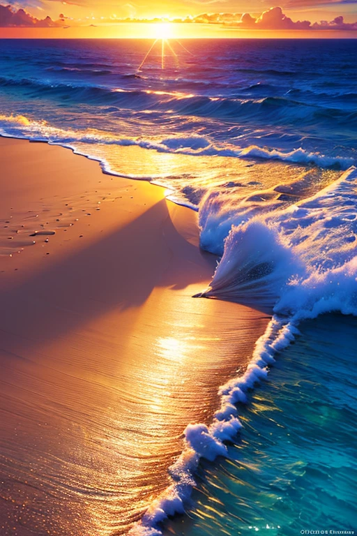 Hyper realistic 8k, ultra detailed, (Best Quality digital illustration Masterpiece of planet Earth in outer space), ((No Man)), (Beautiful planet Earth Illustration), (Beautiful Beach Shore), (Golden Sand), ((Waves in the distance)), (Bright Sun), (Hyperdetail, Dynamic Camera), (Wide Angle), (Celestial Lighting), (Vivid Colors and Saturation), (trending on artstation), ((beautiful sunrise)), (aqua colored water),
