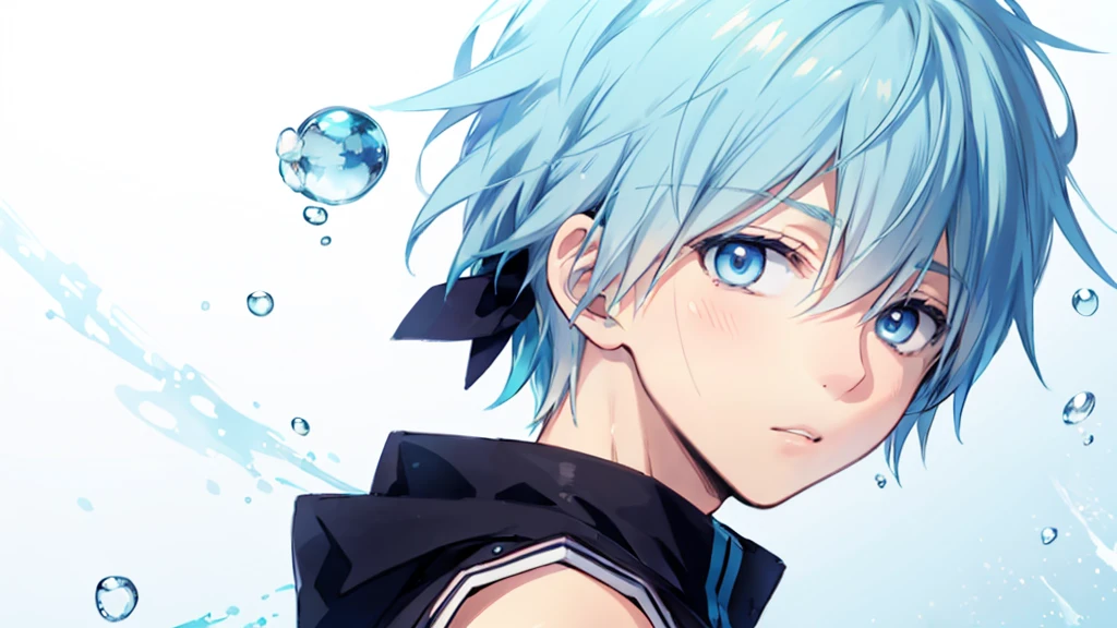 ((highest quality, super detailed,detailed eyes:1.3)),(((total 1 boy:1.2))),cool face,light blue hair,short,hair,light blue eyes,kuroko tetsuya,BREAK(basketball uniform:1.2)BREAK(aqua blue aura background:1.1)BREAK,(from side,portrait,face focus:1.1),(boy on right:1.5),(looking at viewer:1.4)