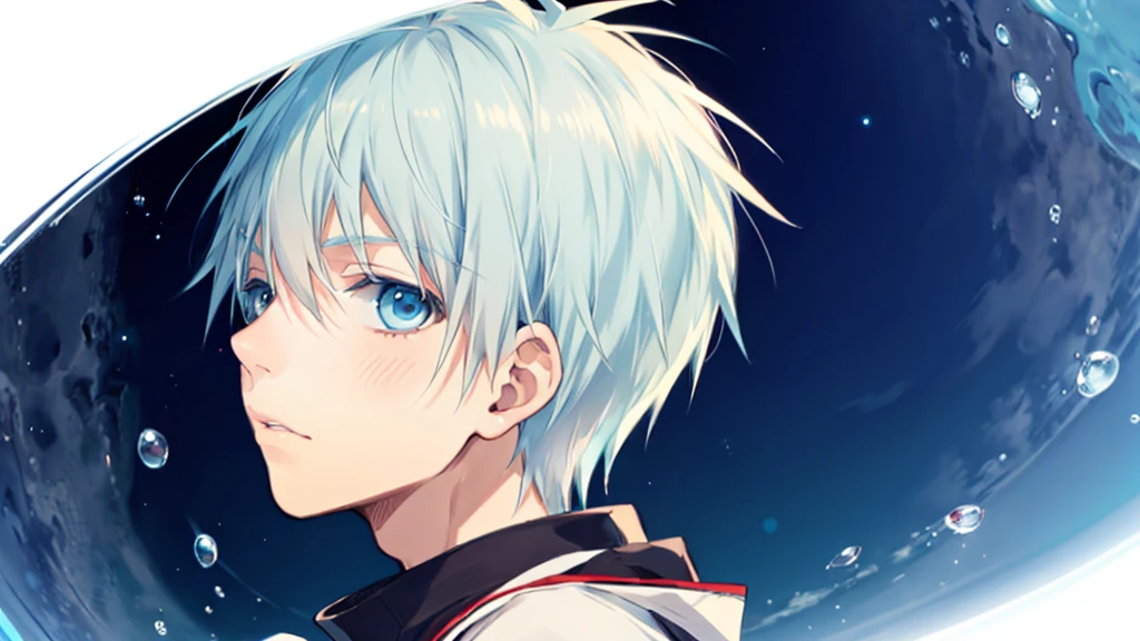 ((highest quality, super detailed,detailed eyes:1.3)),(((total 1 boy:1.2))),cool face,light blue hair,short,hair,light blue eyes,kuroko tetsuya,BREAK(basketball uniform:1.2)BREAK(aqua blue aura background:1.1)BREAK,(from side,portrait,face focus:1.1),(boy on right:1.5),(looking at viewer:1.4)