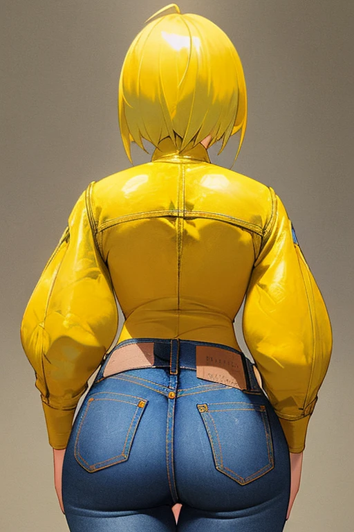 jeans butt back view. Yellow-haired woman