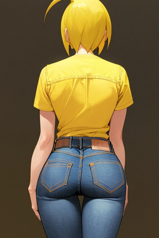 jeans butt back view. Yellow-haired woman