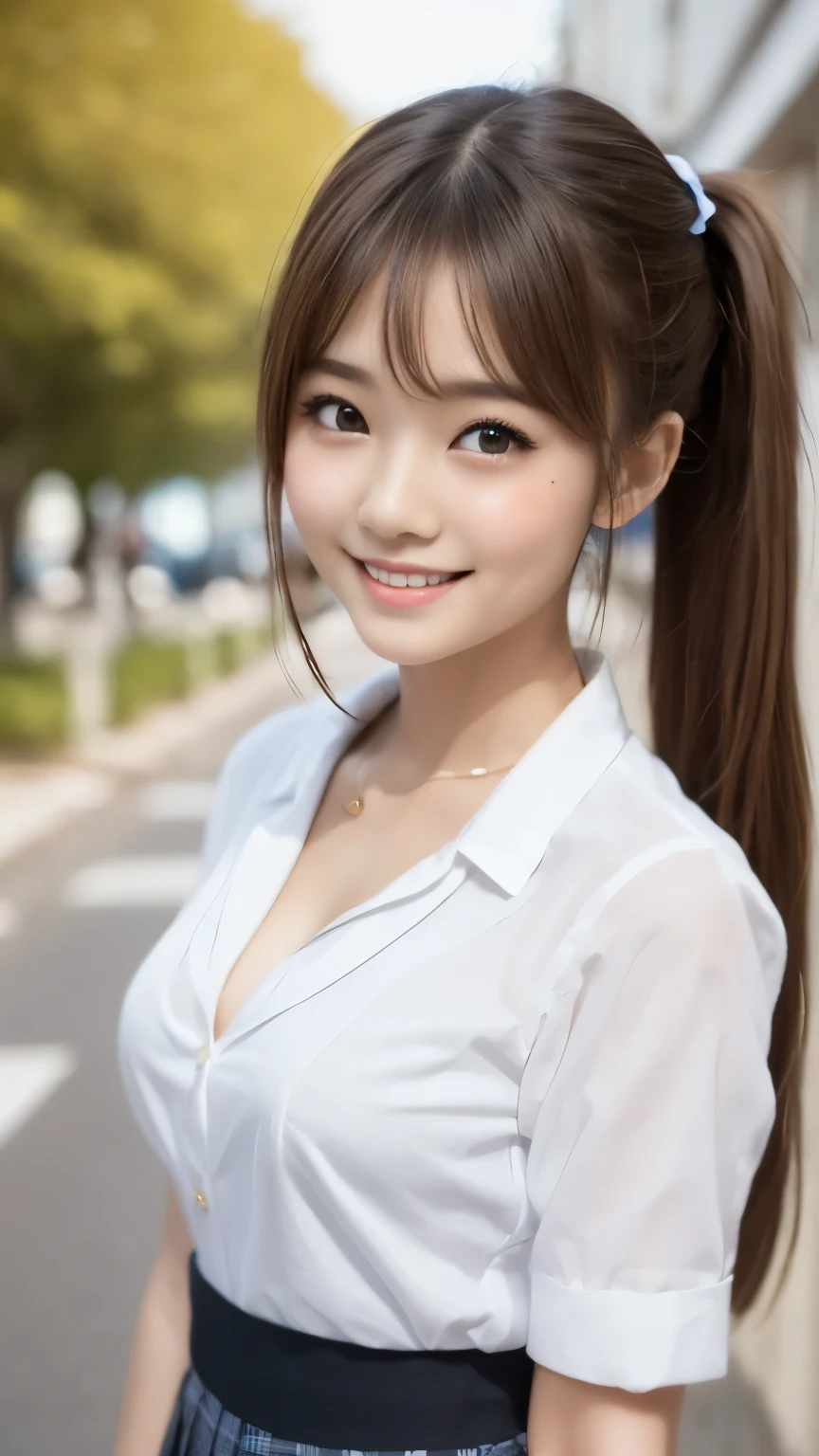 bright表情、Photorealistic:1.32、highest quality、超A high resolution、最も美しい日本のgirlの写真、Cute and beautiful face details、Small Face、美しいbangs、************、Radiant, fair, glowing skin、Hair gets tangled in the face、(girl１Only people:1.3)、顔まで伸びるbangs、bangs、Hair between the eyes、Attractive brown silky hair、bright、Her clear eyes shine charmingly、Cute pose、highest quality、Disorganized、((The cutest girl in the world))、Japanese、((School uniform summer clothes:1.3))、(High waist pleated skirt)、Newest Brands、(Side ponytail hair:1.3)、(Tie with a thin ribbon)、Nice and cute、An innocent smile、nice smile、Cleavage、(Large Breasts:1.3)、(Posing cutely:1.3)、Brown Hair、Small waist、Detailed beautiful eyes、View your viewers、Upper Body、Close-up of face、Front view、