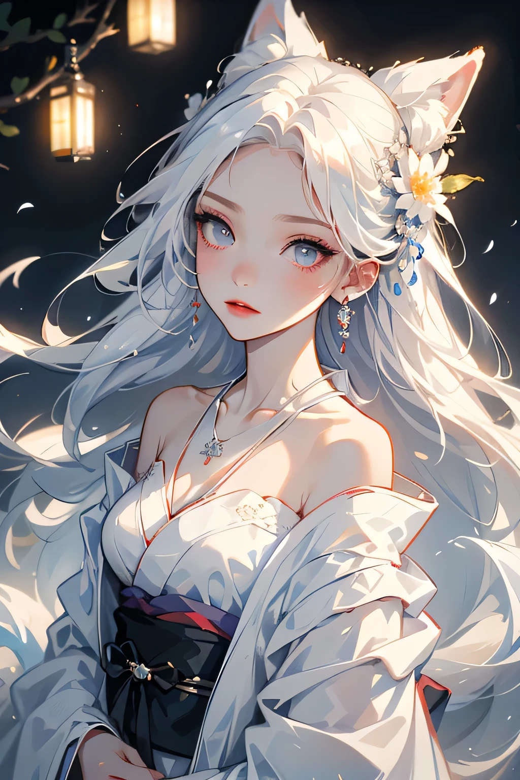 (masterpiece, highest quality:1.2), 1 girl, alone, ((Off the shoulderのkimono、necklace)), ((night)), ((White Hair))lanthanum, Candlelight, Deep in Wonderland，The moonlight pours down like water，fog，The heroine&#39;s figure is vaguely visible，Big Breasts,Cute face，Slightly upturned corners of the mouth，Like a fairy,Clothes Fluttering，Her hair is casually tied back，A few strands of hair are swaying gently in the wind，((Off the shoulder、kimono、kimono:1.2))、Beautiful cleavage、(Fox Ears,Fox&#39;s Tail、Fox）(huli,Fox ear):1.5
