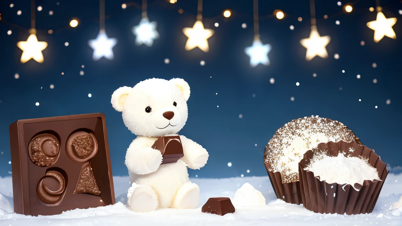 Under the starry winter sky、A cute white bear、Holding the chocolate preciously