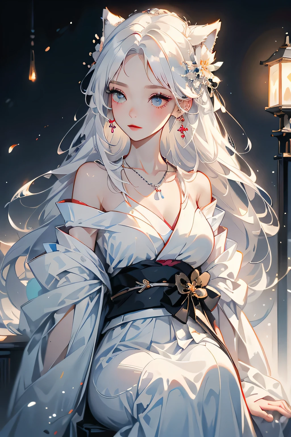 (masterpiece, highest quality:1.2), 1 girl, alone, ((Off the shoulderのkimono、necklace)), ((night)), ((White Hair))lanthanum, Candlelight, Deep in Wonderland,The moonlight pours down like water,fog,The heroine's figure is vaguely visible,Big Breasts,Cute face,Slightly upturned corners of the mouth,Like a fairy,Clothes Fluttering,Her hair is casually tied back,A few strands of hair are swaying gently in the wind,((Off the shoulder、kimono、kimono:1.2))、Beautiful cleavage、(Fox Ears,Fox's Tail、Fox)(huli,Fox ear):1.5