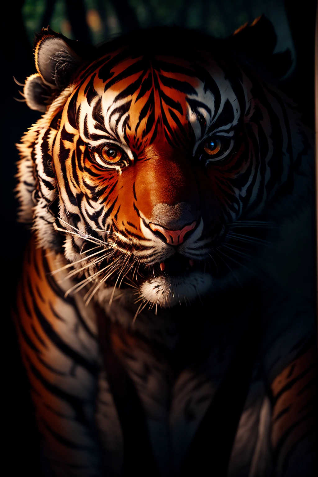 ((very close-up, face of a tiger among shadows: 1.6)), (best quality, 8k, highres, masterpiece: 1.2), between trees and plants, on the prowl, lights and shadows, mystery, magical majestic, hyper-realistic , sharpness, best photography, HD, 8K, enchanting forest habitat, vibrant vegetation, camouflage, piercing eyes, impressive muscular build, elegant yet powerful movements, subtle breath in the cold air, mystical atmosphere, ethereal presence, captivating aura, dense foliage, dappled sunlight through leaves, intricate textures, fine fur details, stunning wildlife composition, impeccable focus, captivating ambiance, untamed beauty, stunning and unseen.