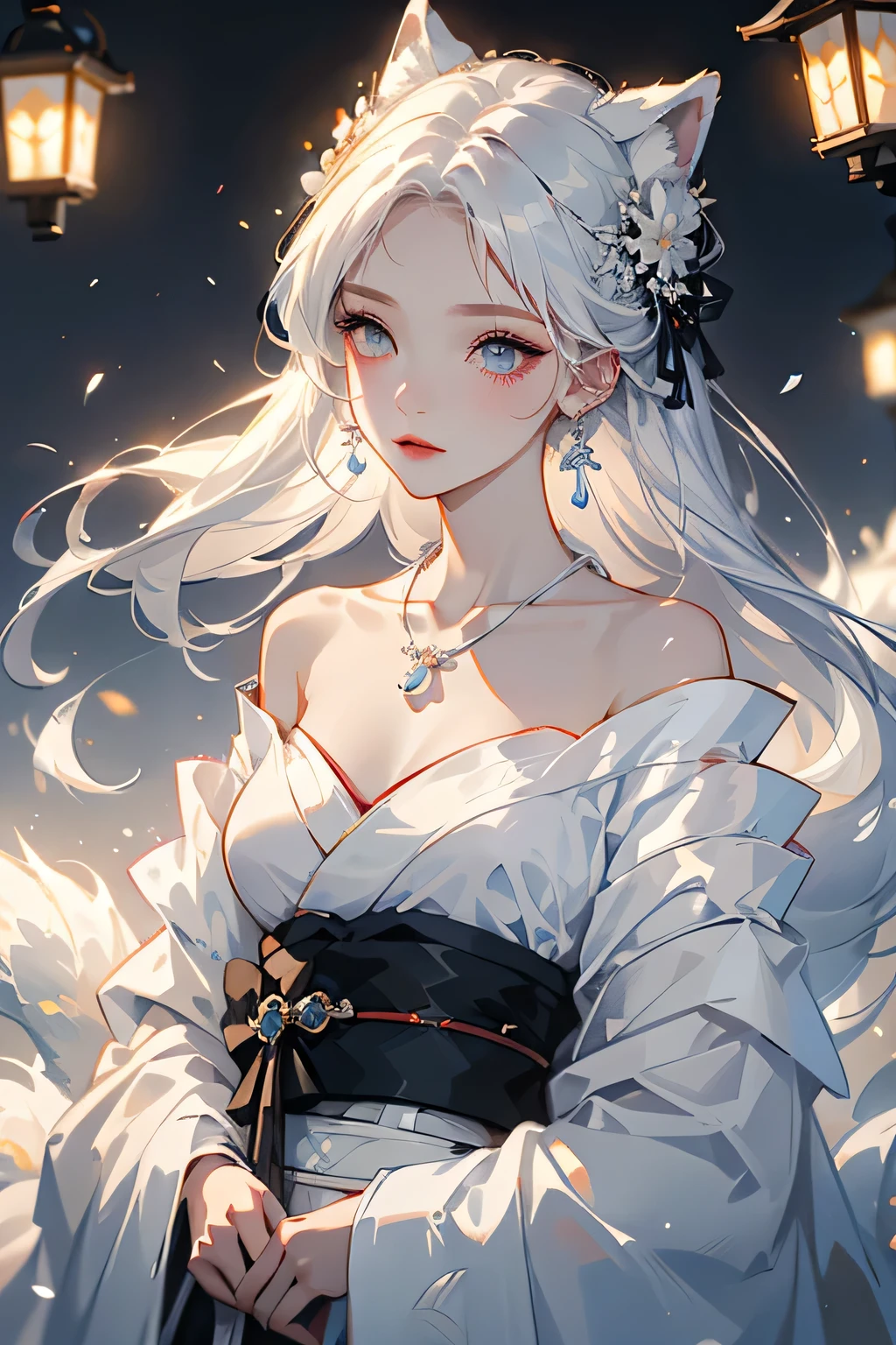 (masterpiece, highest quality:1.2), 1 girl, alone, ((Off the shoulderのkimono、necklace)), ((night)), ((White Hair))lanthanum, Candlelight, Deep in Wonderland，The moonlight pours down like water，fog，The heroine&#39;s figure is vaguely visible，Big Breasts,Cute face，Slightly upturned corners of the mouth，Like a fairy,Clothes Fluttering，Her hair is casually tied back，A few strands of hair are swaying gently in the wind，((Off the shoulder、kimono、kimono:1.2))、Beautiful cleavage、(Fox Ears,Fox&#39;s Tail、Fox）(huli,Fox ear):1.5
