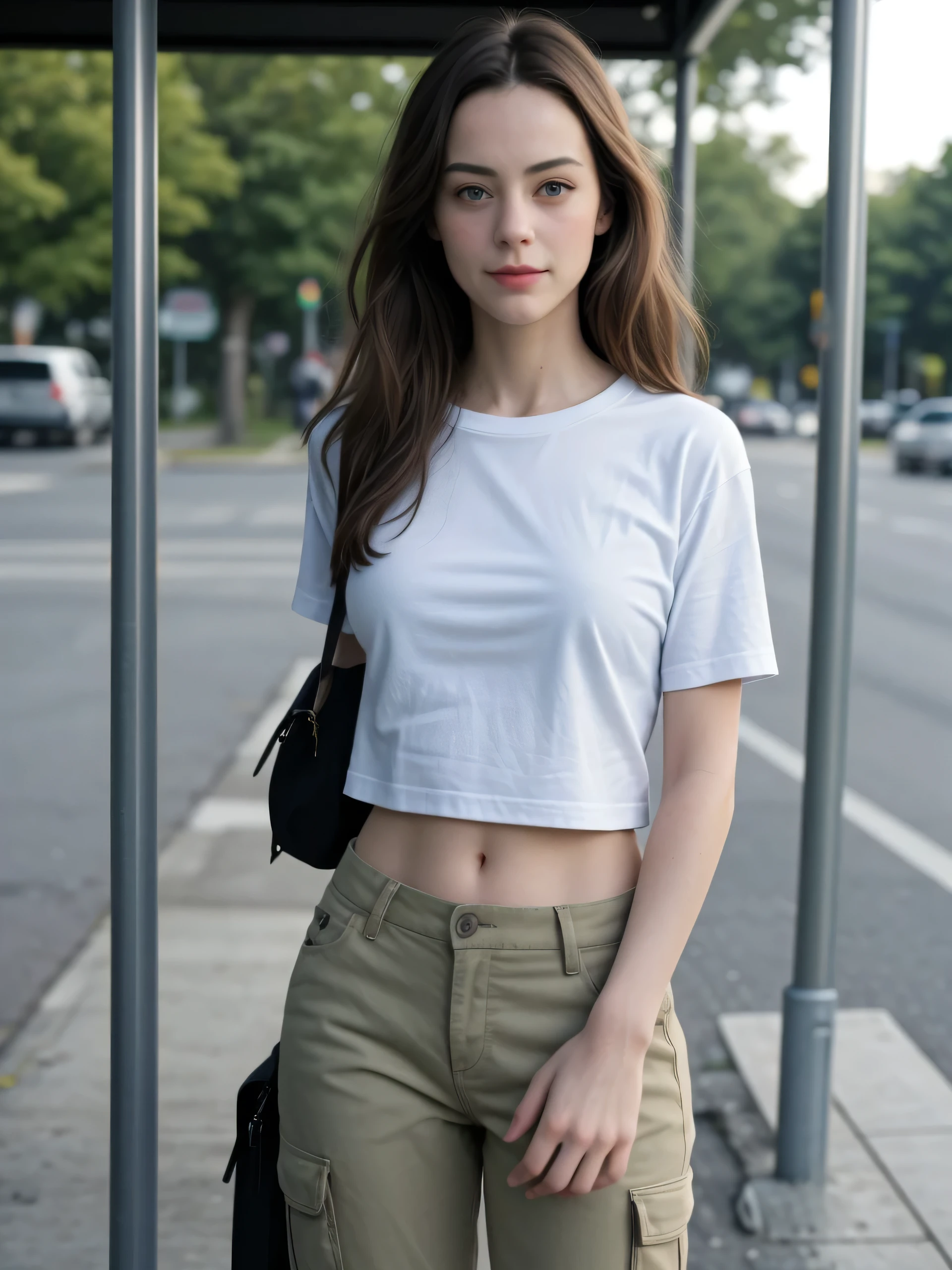 (Best quality, photorealistic, reality, realistic detail), random angle shot, sharp focus, A beautiful young girl who looking alike Kaya Scodelario, wearing oversized graphic band tee, cargo khaki pants, (slim body proportions :1.2), lean figure, medium breasts, delicate face, light smile, (at bus stop), sidewalk, waiting for bus, high saturation color tone.