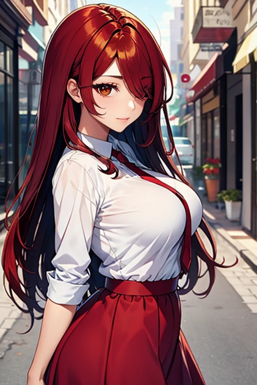 ((In the style of a hentai)), (Masterpiece, Best quality), (( intricate Face, bright eyes )), BREAK, brown eyes, red hair, long hair, wavy hair, hair over one eye, BREAK, red shirt, blue skirt, big breasts, big smile, BREAK, cityscape background