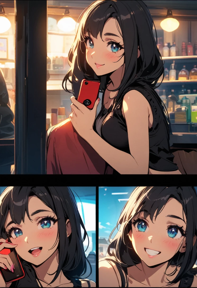 dark - comic style: Girl smiling for message on cell phone