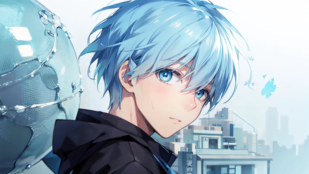 ((highest quality, super detailed,detailed eyes:1.3)),(((total 1 boy:1.2))),cool face,light blue hair,short,hair,light blue eyes,kuroko tetsuya,BREAK(basketball uniform:1.2)BREAK(aqua blue aura background:1.1)BREAK,(from side,portrait,face focus:1.1),(boy on right:1.5),(looking at viewer:1.4)