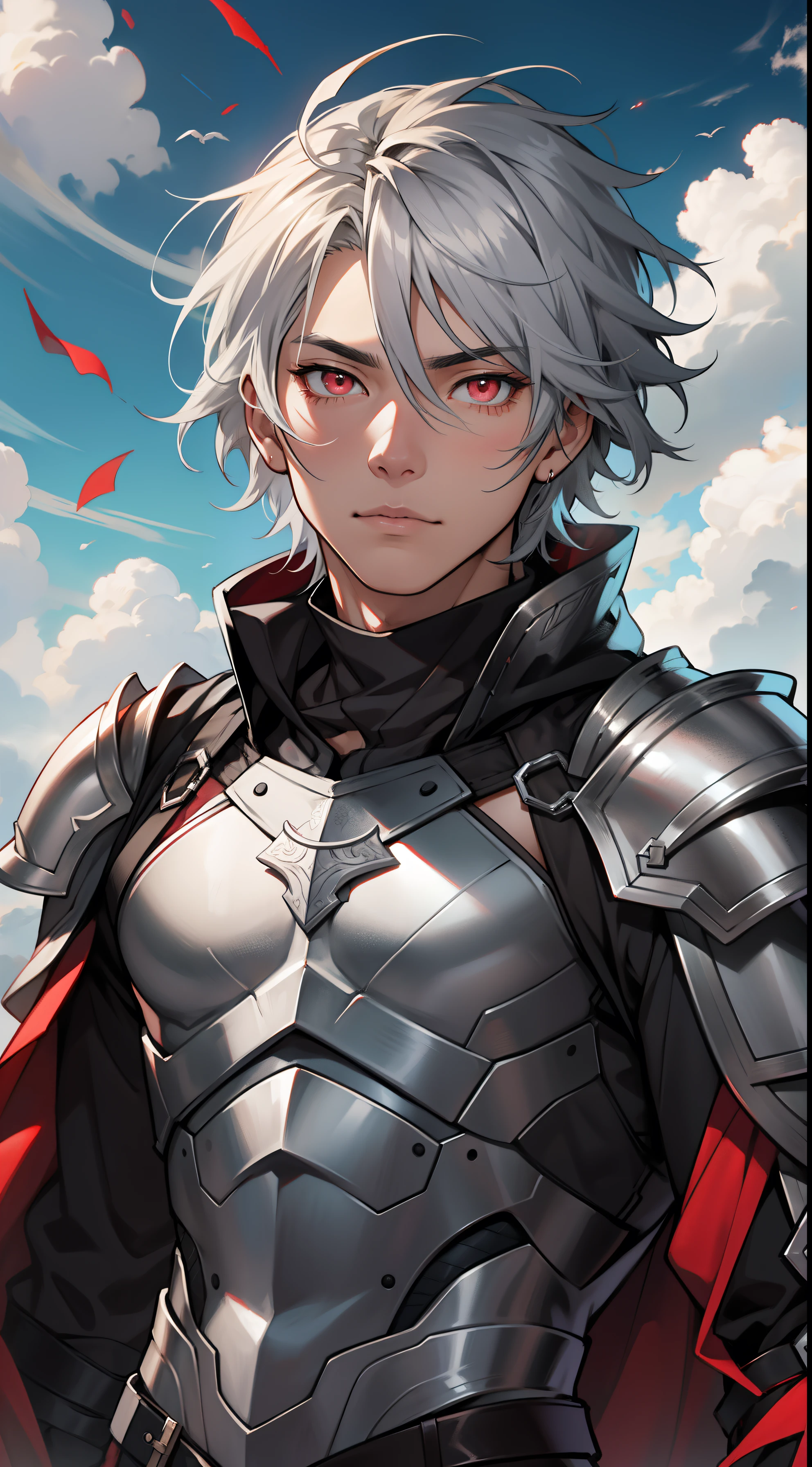 tmasterpiece,Need,Ultra-high resolution,shoun,Black armor,Cloak,musculature,(Short silver-gray hair),red color eyes,Libido boy,scales,Clouds