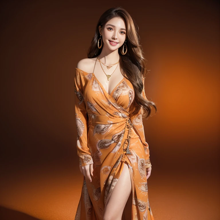 Beautiful woman,, light brown hair, beautiful and delicate eyes, delicate hair, Round face model body type、mini skirt、huge breasts, droopy eyes,shy smile,((abstract printed dresses_long sleeve_wrap dress:1.3))、((Super long brown hair:1.2))((Hair with loose waves inside:1.2)),((shy smile:1.3)),((gold necklace_Large earrings:1.2)),fullbody shot、((full figure supermodel standing, entire body in frame))、((standig gracefully, empty dark orange color background:1.3))