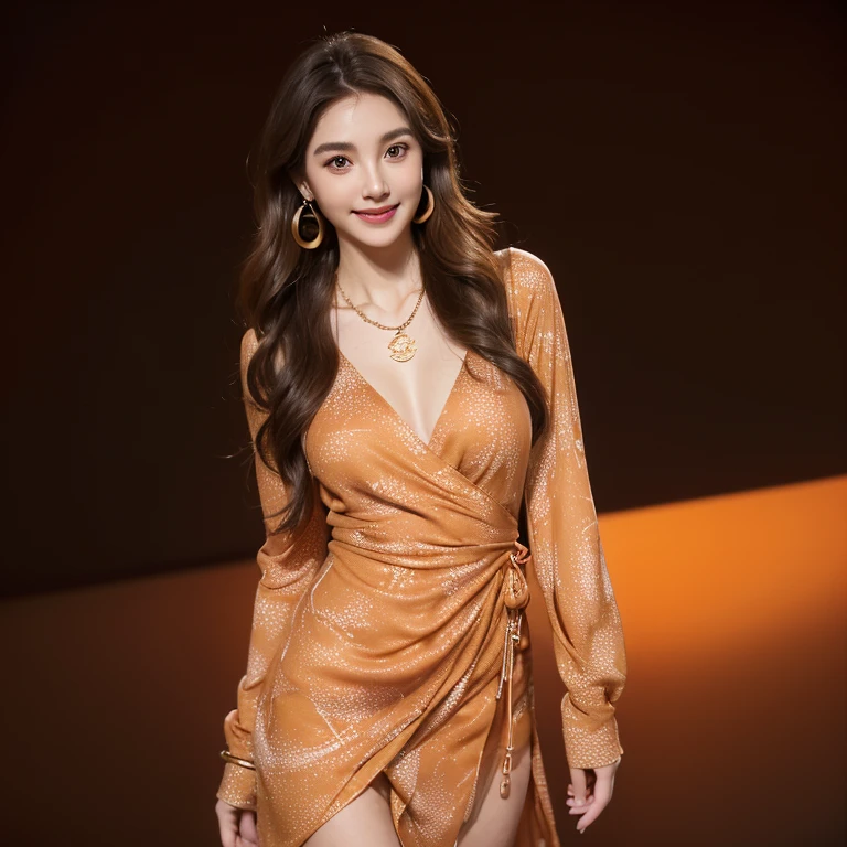 Beautiful woman,, light brown hair, beautiful and delicate eyes, delicate hair, Round face model body type、mini skirt、huge breasts, droopy eyes,shy smile,((abstract printed dresses_long sleeve_wrap dress:1.3))、((Super long brown hair:1.2))((Hair with loose waves inside:1.2)),((shy smile:1.3)),((gold necklace_Large earrings:1.2)),fullbody shot、((full figure supermodel standing, entire body in frame))、((standig gracefully, empty dark orange color background:1.3))