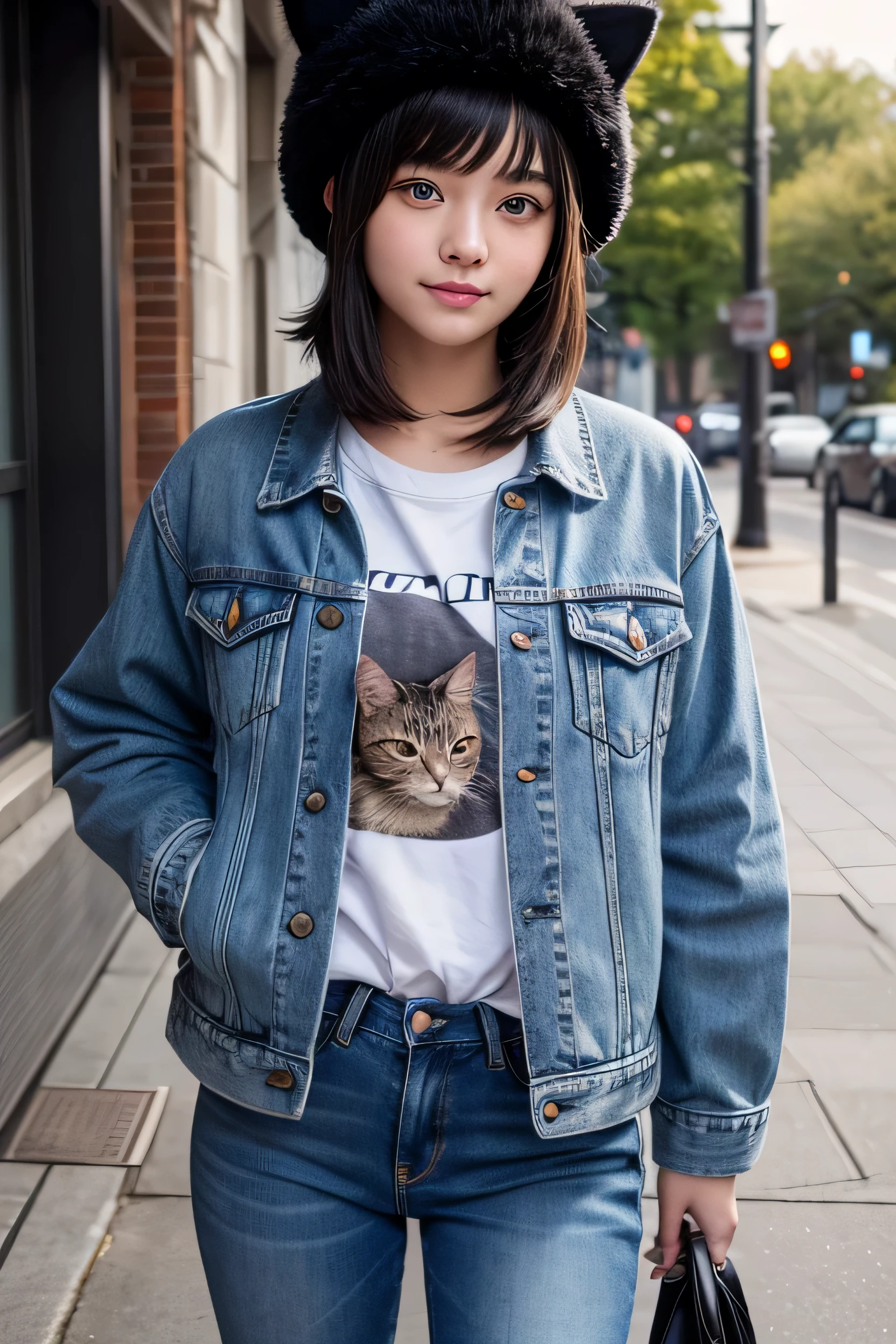 teenage girl, short black hair, wearing jacket, ultra realistic, realistic, blue eyes, furutistic city, beautiful, cat hat, e-girl, wearing jeans, asian girl, detail, smilling, cute, sign haikal, best quality, tomboys