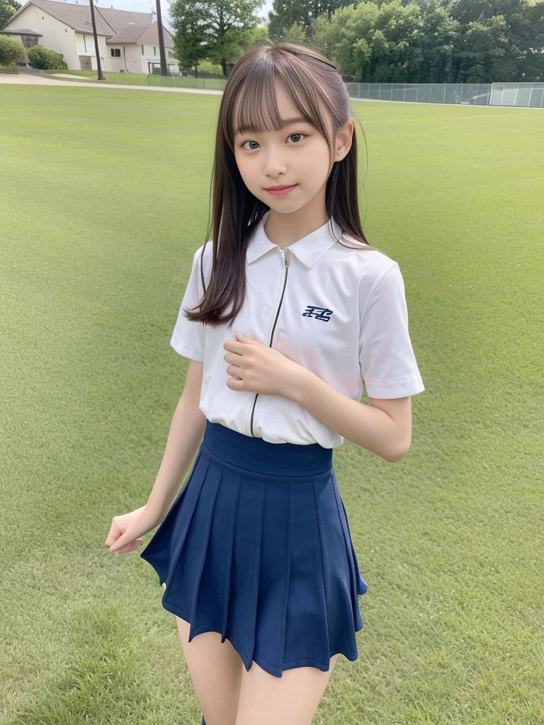 (masterpiece, highest quality:1.4), Award-winning portraits, 8k, 85mm, alone, Beautiful Face, Delicate girl,  (Cheerleader、On the grass), Sophisticated, cute, 15 years old, RAW Photos, Confused, High resolution, Sharp focus, Background Blur、(((flat  、thin and delicate body、Childish atmosphere)))、shiny semi-long hair、ponytail、Mole on the left cheek、 Dark blue eyes、High Kick、the skirt is swaying in the wind、Hair swaying in the wind、sexy、flexible legs