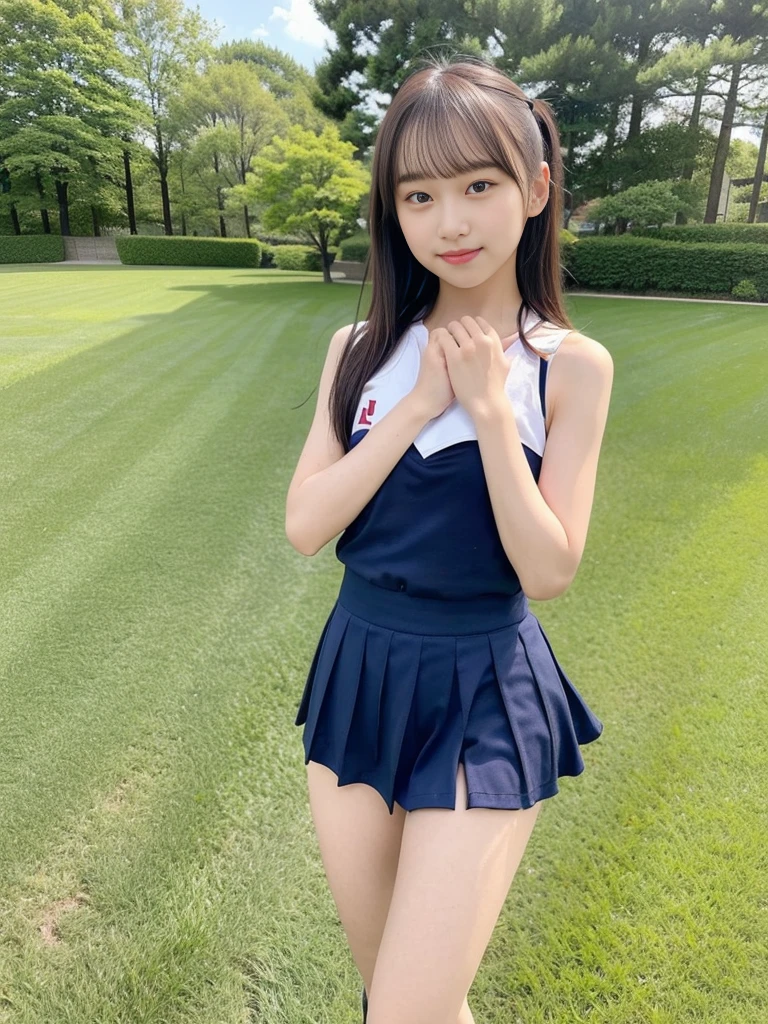 (masterpiece, highest quality:1.4), Award-winning portraits, 8k, 85mm, alone, Beautiful Face, Delicate girl,  (Cheerleader、On the grass), Sophisticated, cute, 15 years old, RAW Photos, Confused, High resolution, Sharp focus, Background Blur、(((flat  、thin and delicate body、Childish atmosphere)))、shiny semi-long hair、ponytail、Mole on the left cheek、 Dark blue eyes、High Kick、the skirt is swaying in the wind、Hair swaying in the wind、sexy、flexible legs