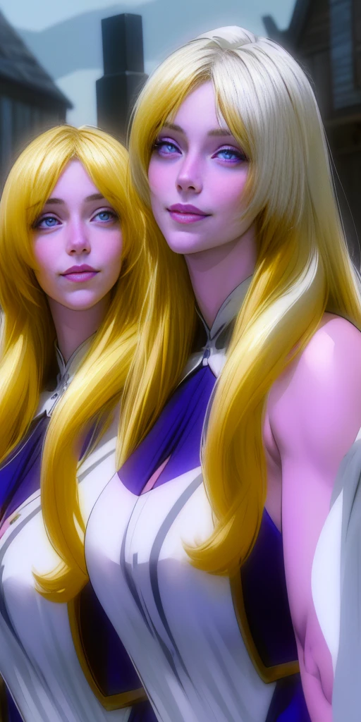 (Triplets) (chest covered) (smile) Gray skin, pale golden hair and violet eyes. They prefer clothing of white and silver with cloaks of deep blue or purple, village background, huge knockers, ((very precise detailed)) ((high res)