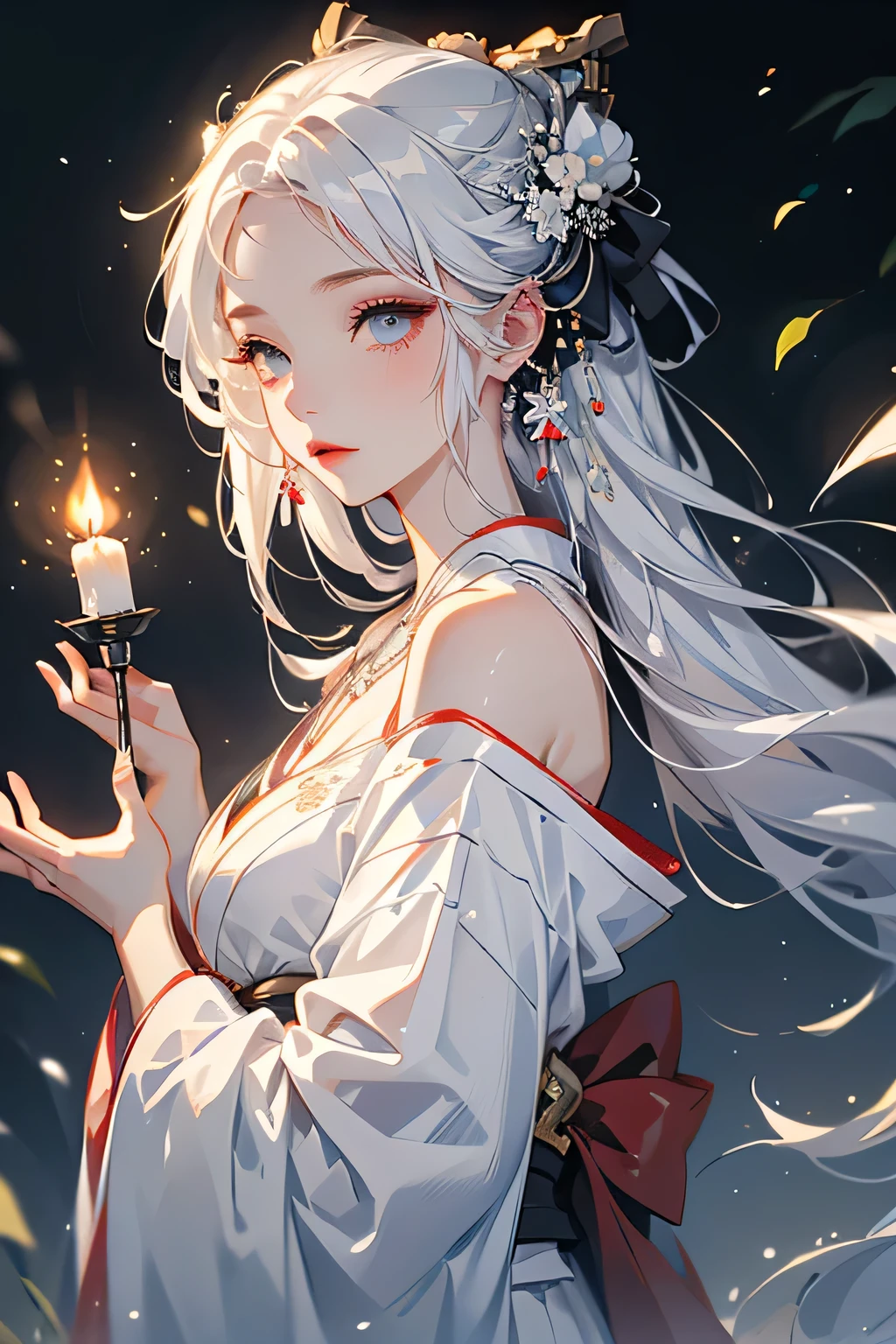 (masterpiece, highest quality:1.2), 1 girl, alone, ((Off the shoulderのkimono、necklace)), ((night)), ((White Hair))lanthanum, Candlelight, Deep in Wonderland，The moonlight pours down like water，fog，The heroine&#39;s figure is vaguely visible，Big Breasts,Cute face，Slightly upturned corners of the mouth，Like a fairy,Clothes Fluttering，Her hair is casually tied back，A few strands of hair are swaying gently in the wind，((Off the shoulder、kimono、kimono:1.2))、Beautiful cleavage、(Fox Ears,Fox&#39;s Tail、Fox）(huli,Fox ear):1.5、Bra shoulder straps
