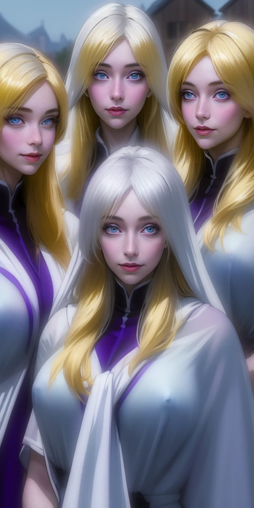 (Triplets) (chest covered) (smile) Gray skin, pale golden hair and violet eyes. They prefer clothing of white and silver with cloaks of deep blue or purple, village background, ((very precise detailed)) ((high res)
