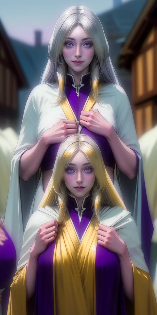 (Triplets) (chest covered) (smile) Gray skin, pale golden hair and violet eyes. They prefer clothing of white and silver with cloaks of deep blue or purple, village background, ((very precise detailed)) ((high res)