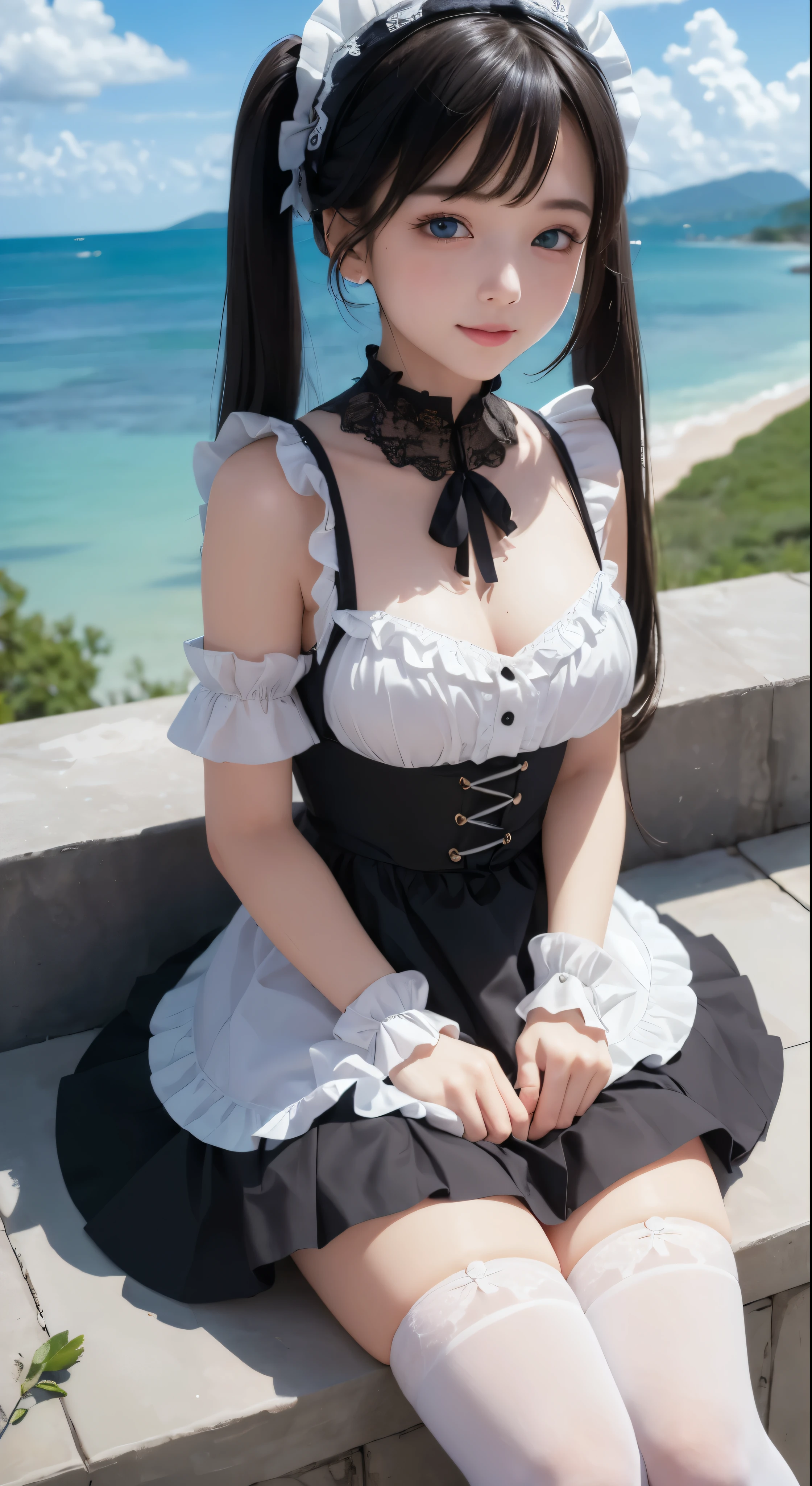 ((masterpiece)), ((highest quality、Ultra high definition)), (Very detailed),8K、(Photo quality)、(((Amazingly cute girl))), , (Beautiful emerald blue eyes), ((smile)),Glossy lips、In the open-air bath overlooking the sea, Beautifully arranged black hair in twin tails、Lace fabric ribbon、whole body、(Slim figure)、((Super high-end white see-through summer gothic lolita maid costA super mini skirt with lots of frills))、Professional Lighting、(White lace knee-highs)、(More detailed and beautiful)、(More details and cutenesore realistic)、White panties are visible、((Ultimate cuteness in every way))、